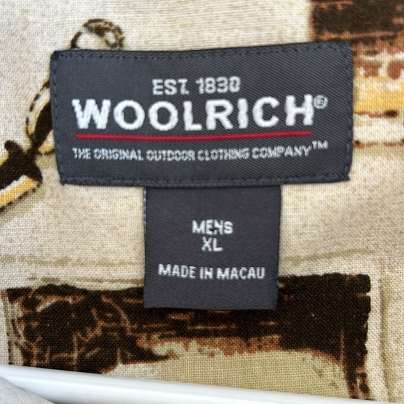 Vintage Woolrich Mens Fishing Fish Hook Print Button Down SS Shirt Beige Size XL - Picture 10 of 11